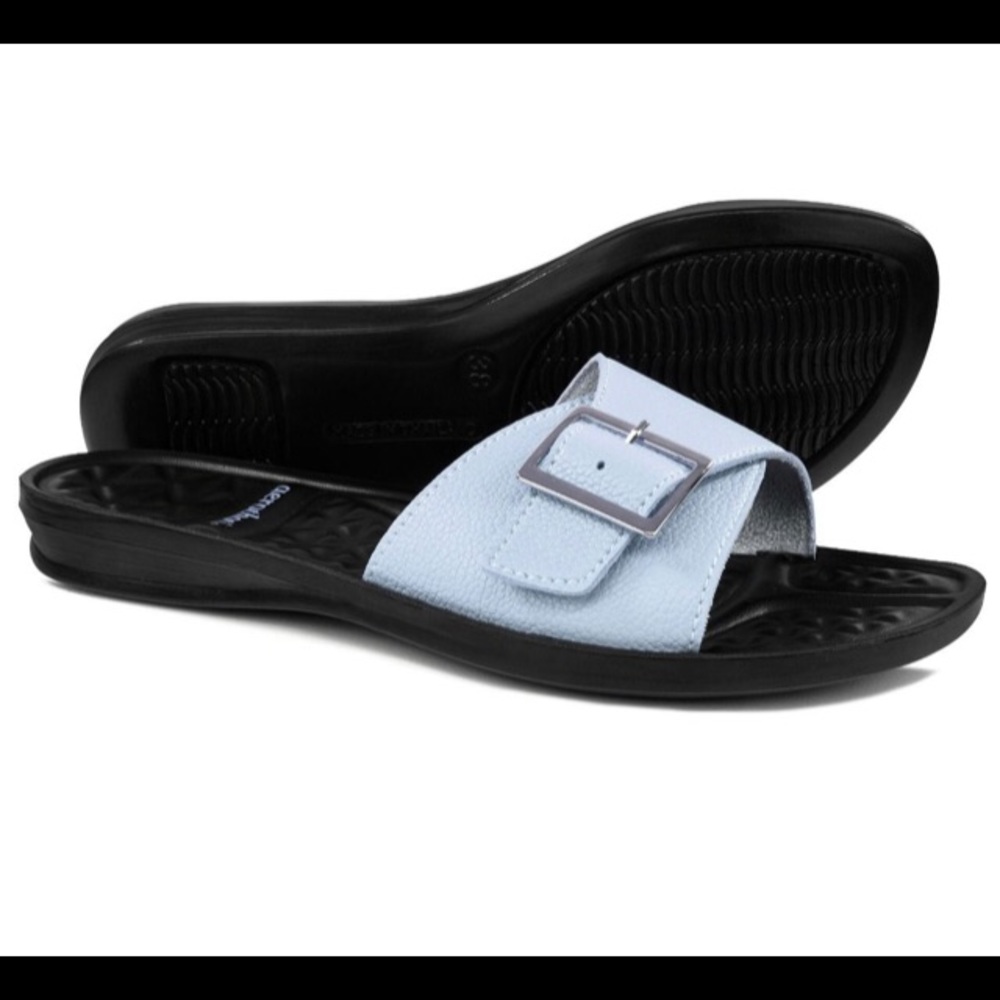Womens slip-on sandals in baby blue with silver buckle/strap